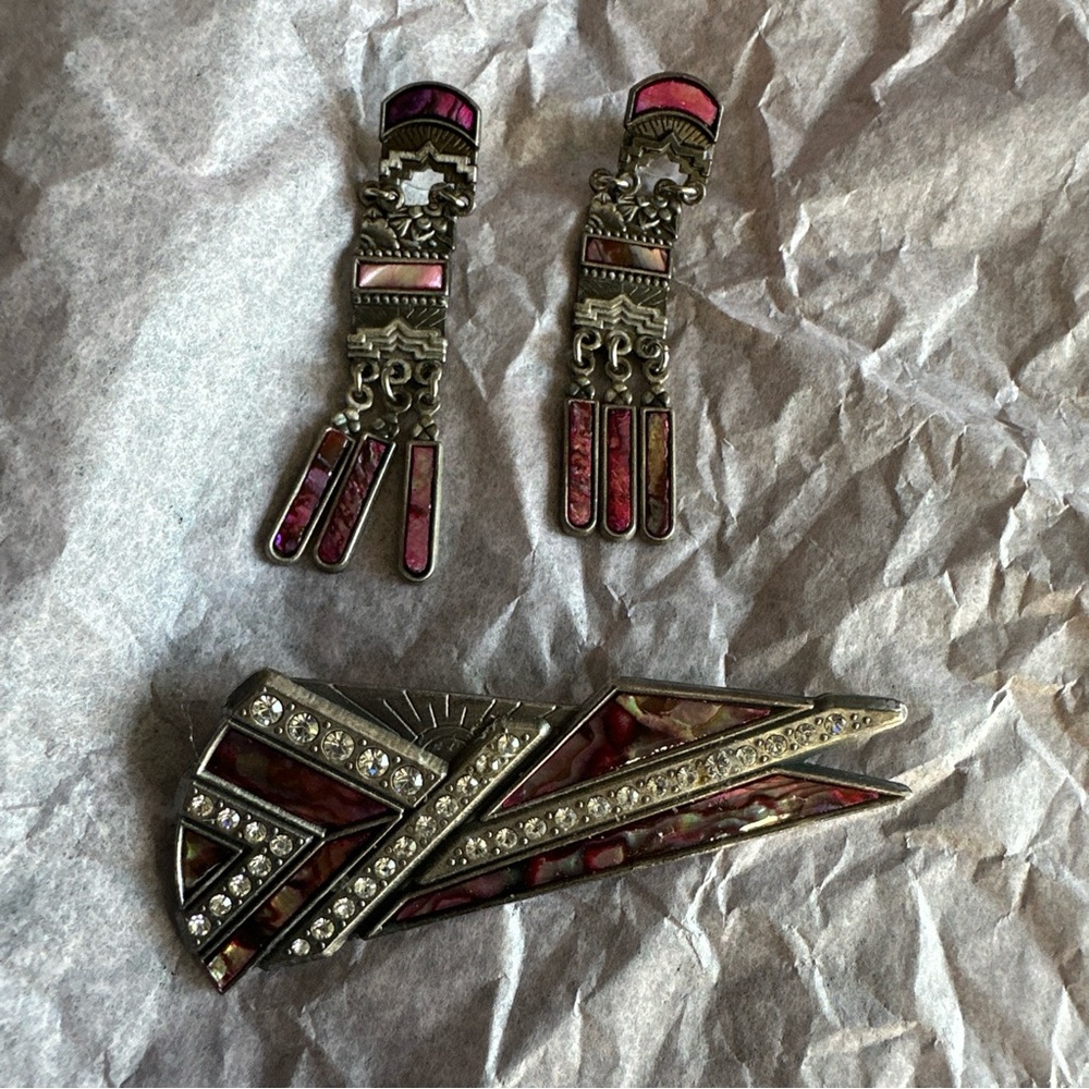 DURI Art Deco Dangle Brass Pierced Earrings And Brooch Abalone Shell Inlay 1980s